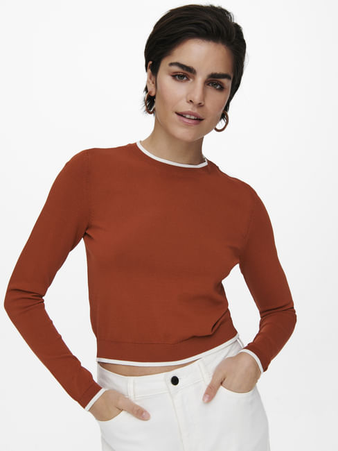 Brown Contrast Tipping Pullover