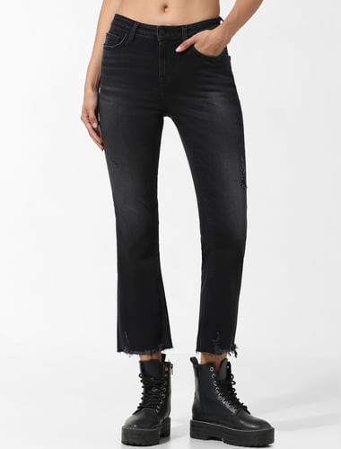 Black Mid Rise Distressed Flared Jeans