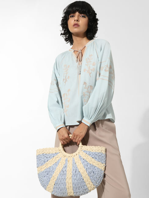 Light Blue Embroidered Cotton Top