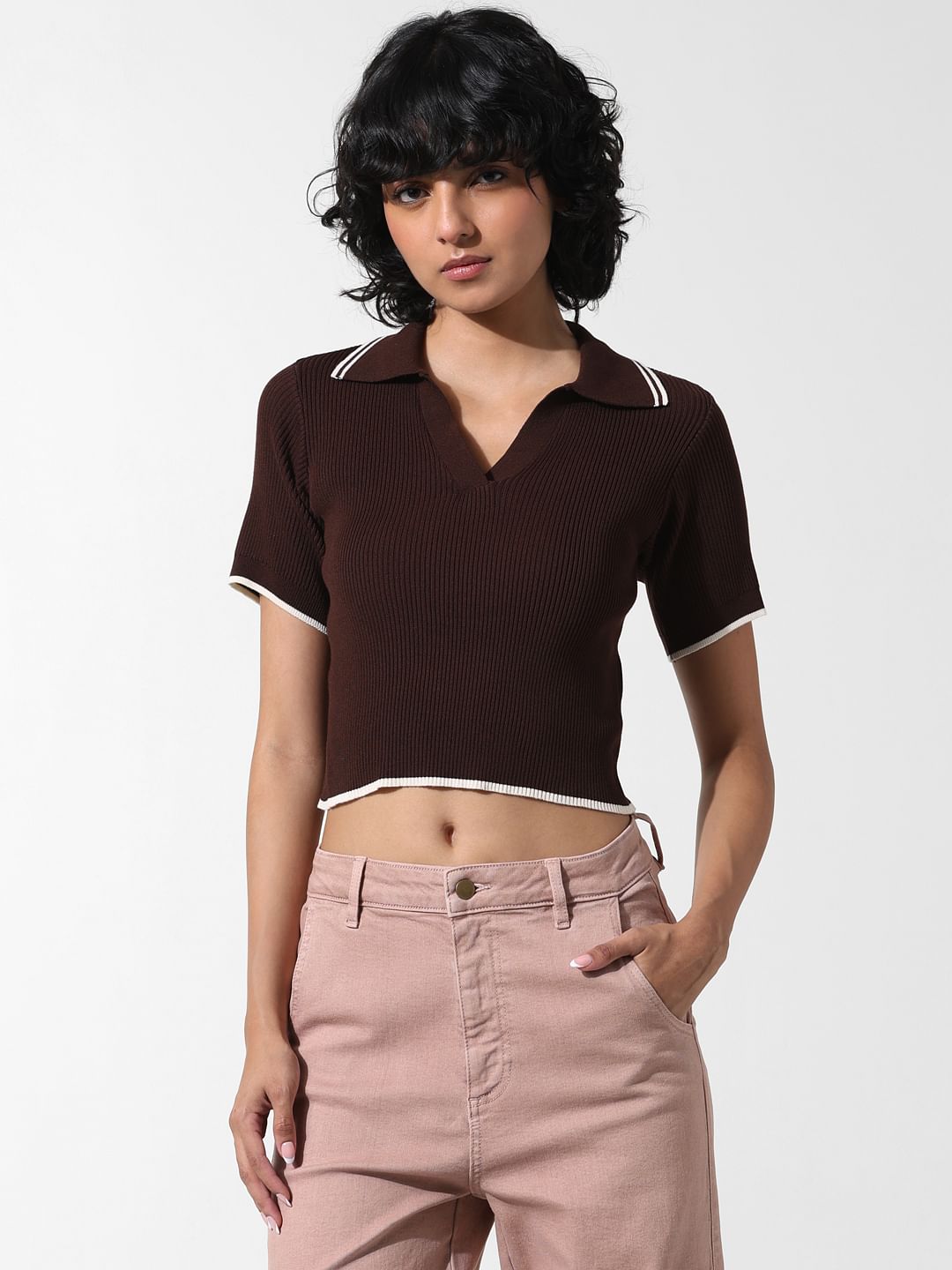 Dark Brown Ribbed Polo T shirt