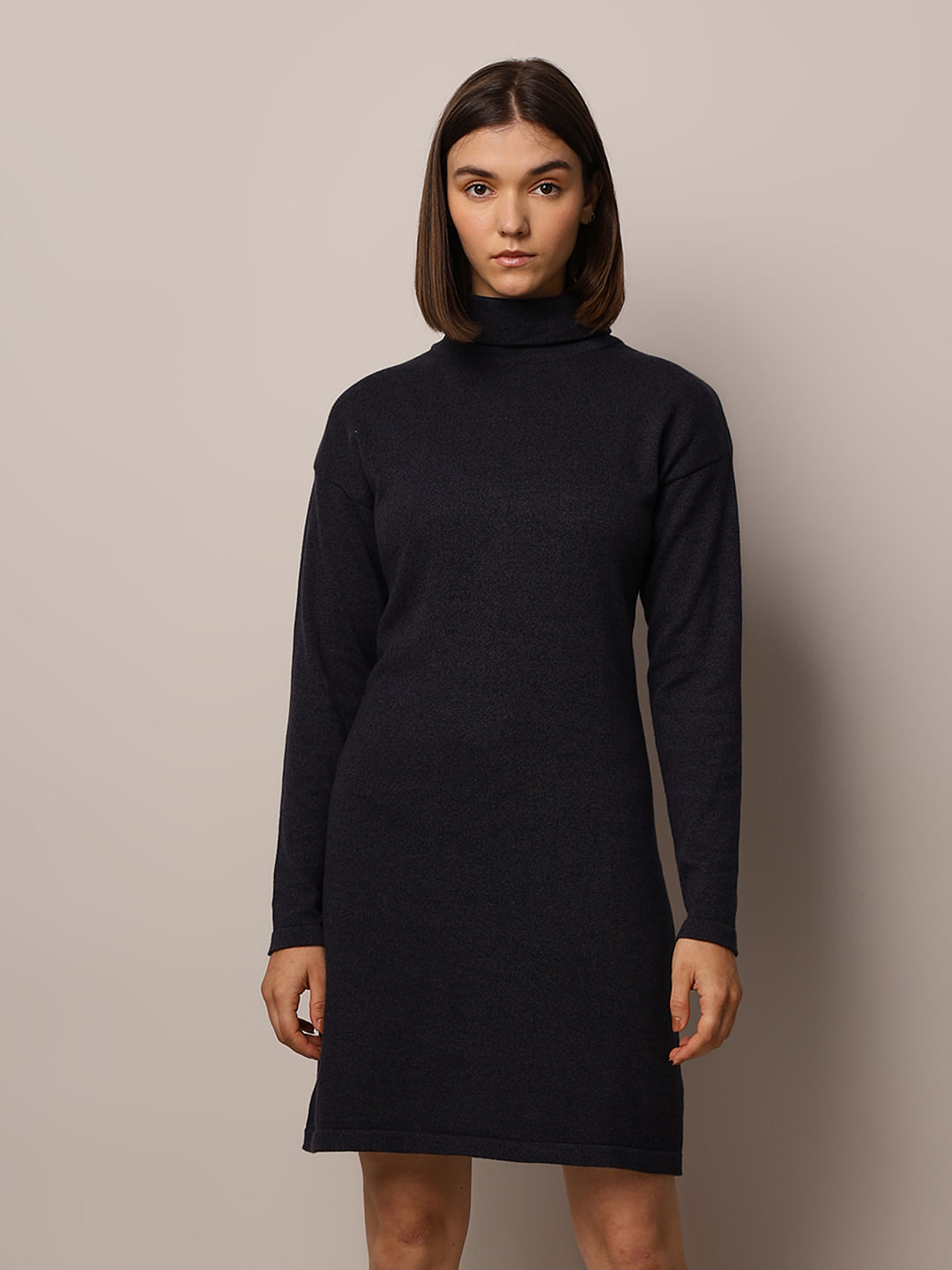 Black knitted polo neck dress online