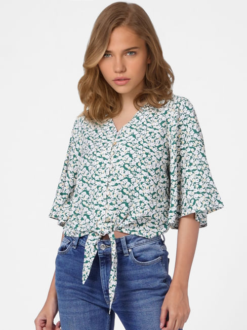 Green Floral Tie Up Shirt
