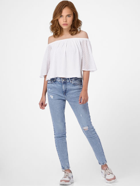 White Off Shoulder Dobby Top