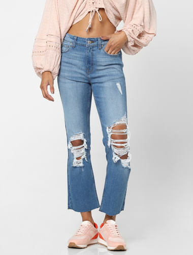 Blue High Waist Distressed Flared Jeans 