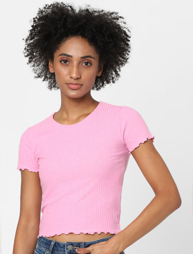 Pink Ribbed Cropped T-shirt