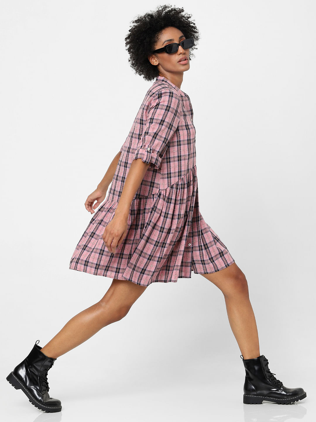 Pink check store shirt dress