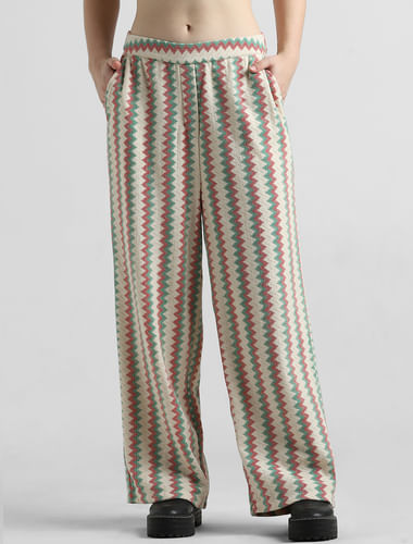 Green Textured Weave Striped Pants
