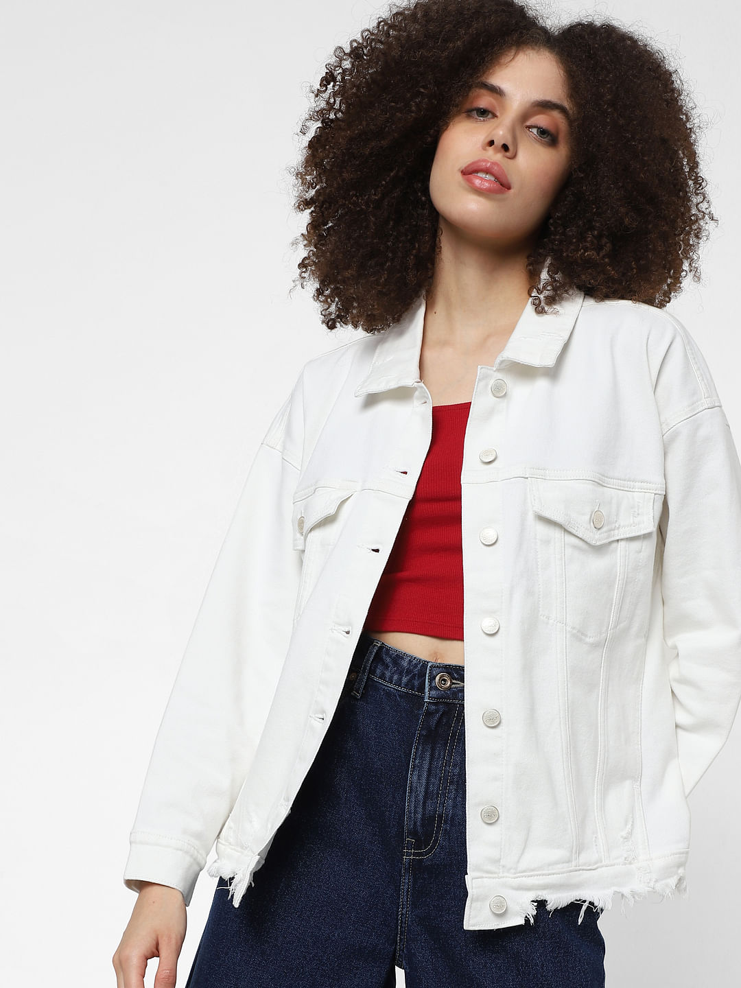 Buy American Eagle Women White Cropped Denim Jacket online