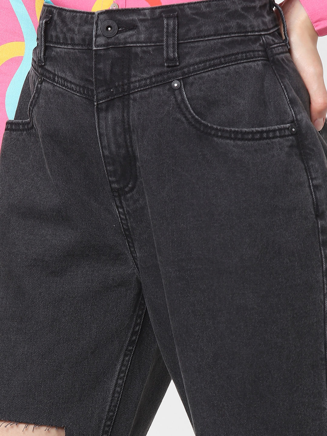Women Black Denim Front Patch Pocket Jeans