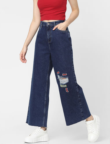 Blue High Rise Patch Print Flared Jeans