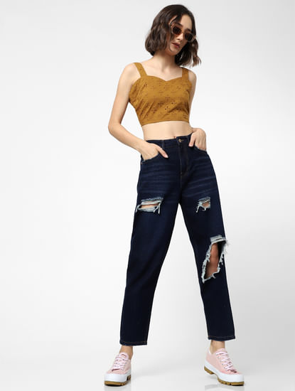 Blue High Rise Ripped Mom Jeans