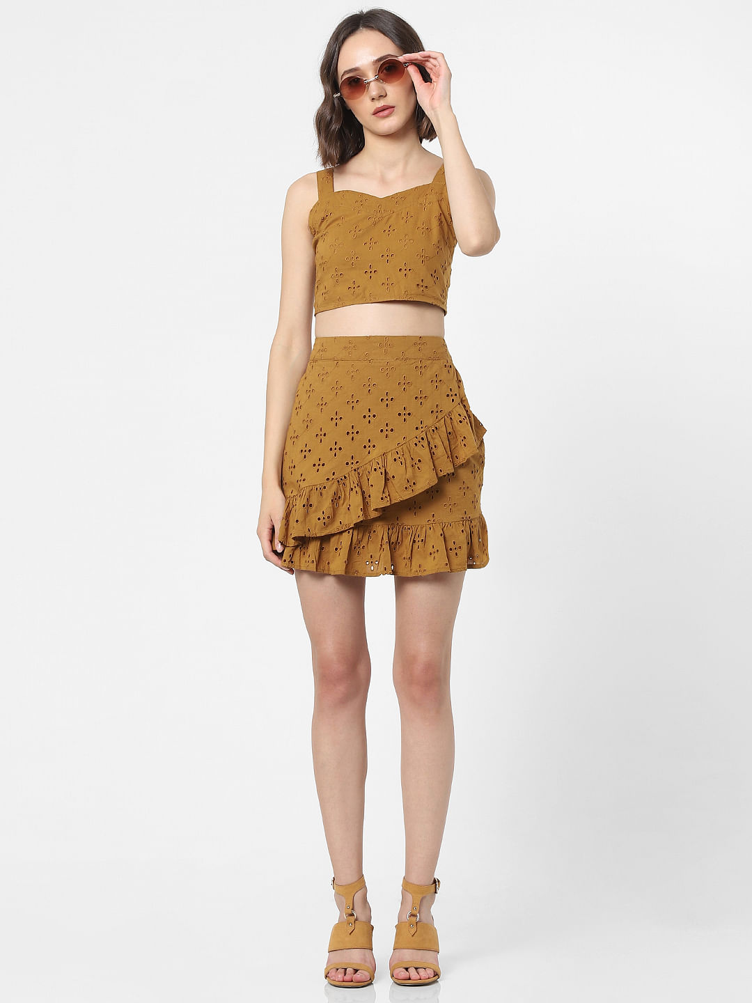 Brown Crop Top  Skirt Coord Set