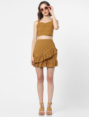 Brown Schiffli Embroidered Co-ord Skirt