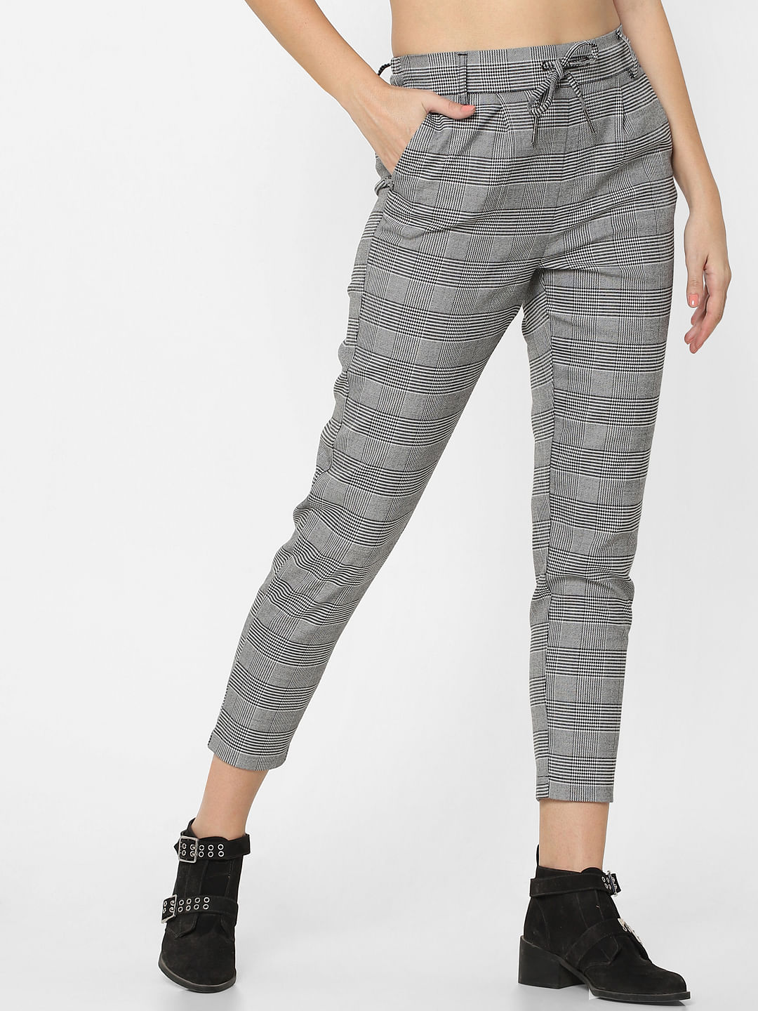 Buy Wardrobe Grey Plaid Checked Trousers from Westside