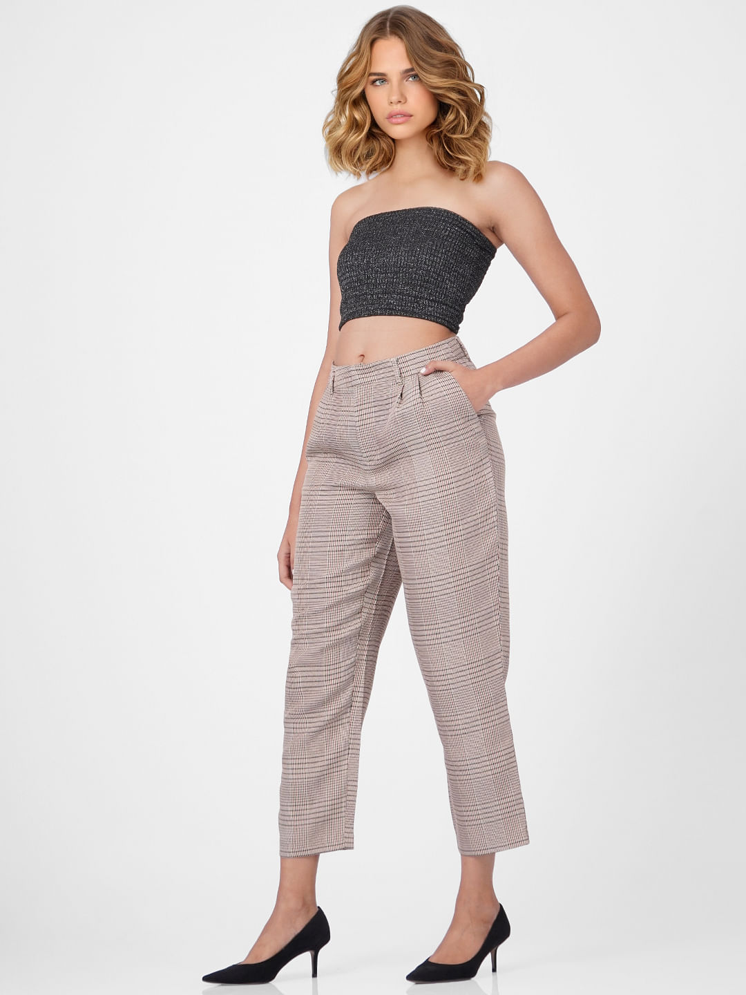 BOSS - Relaxed-fit high-waisted trousers in checked material
