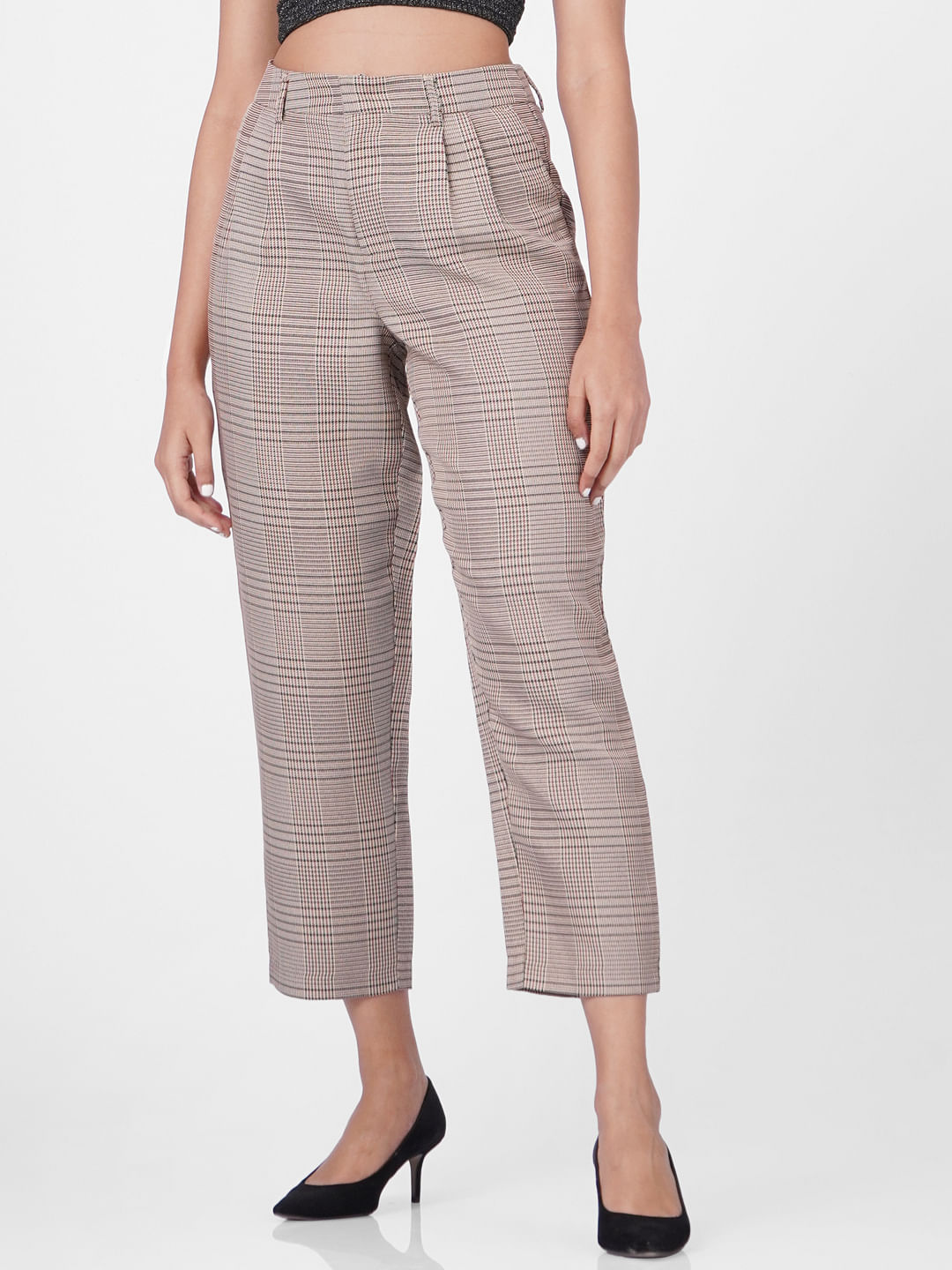 Buy HM Women Grey  Black Checked Cigarette Trousers  Trousers for Women  12154216  Myntra