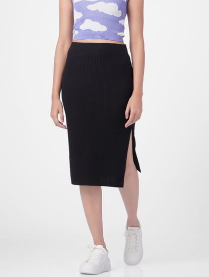 Black Ribbed Jersey Pencil Skirt