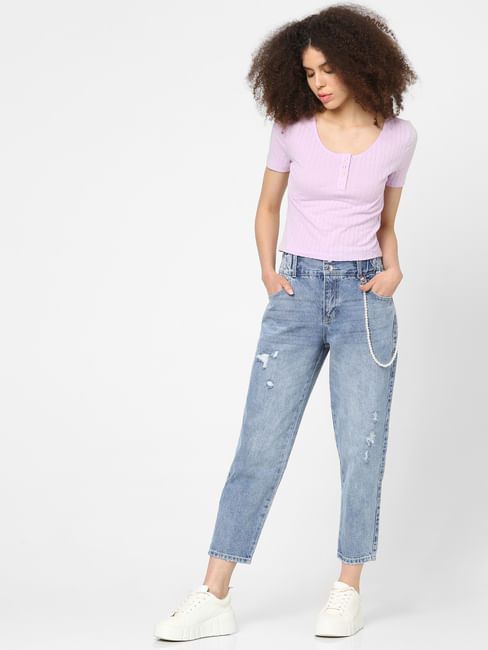 Purple Ribbed Cropped T-shirt