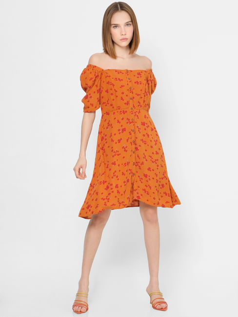 Orange Floral Off-Shoulder Shift Dress