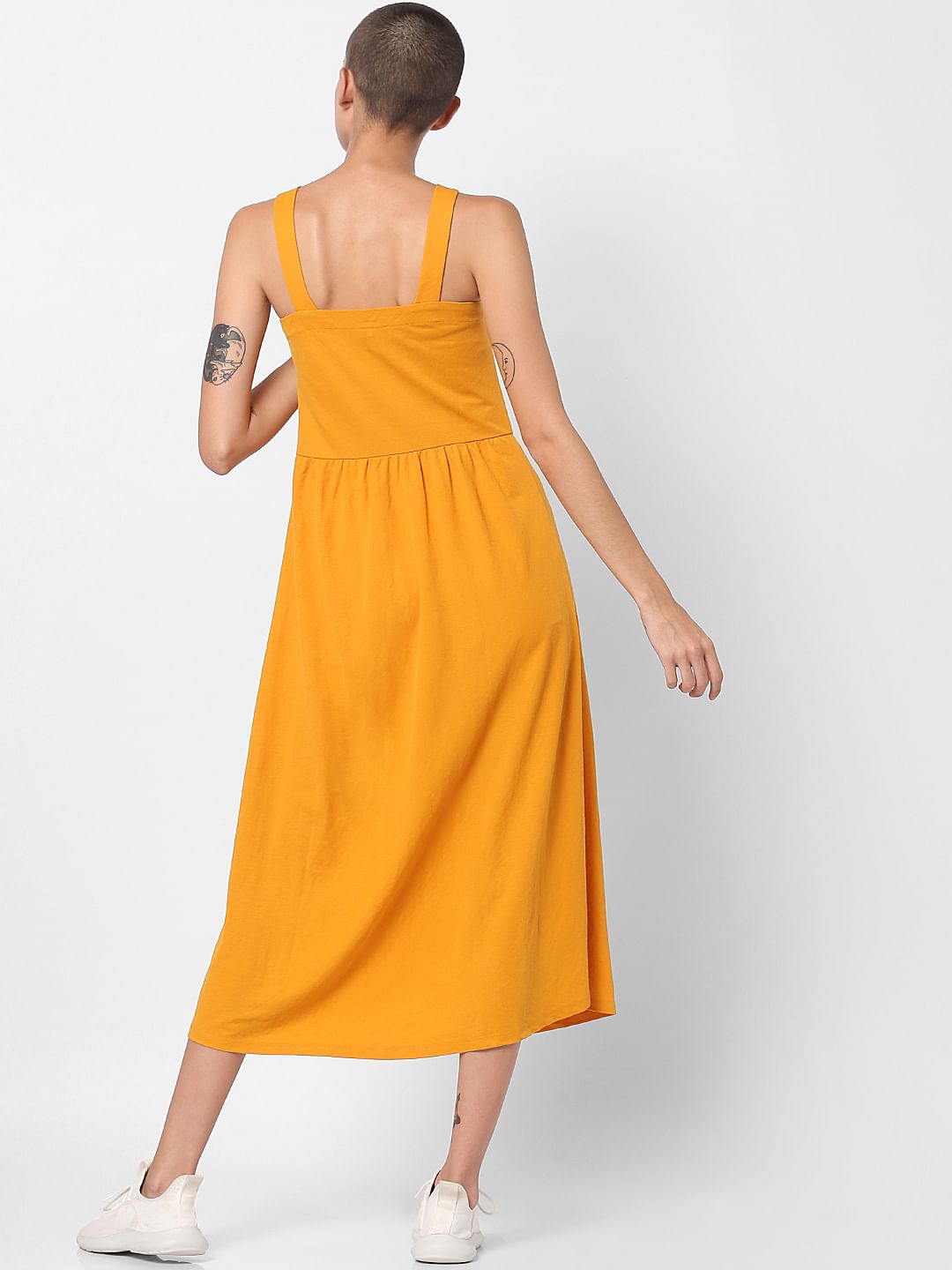 mustard midi dress