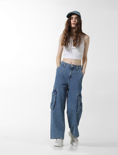 Blue High Rise Straight Fit Cargo Jeans