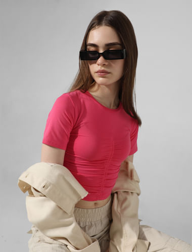 Pink Ruched Fitted T-shirt