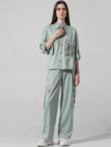 Green Utility Loose Fit Co-ord Set Shirt