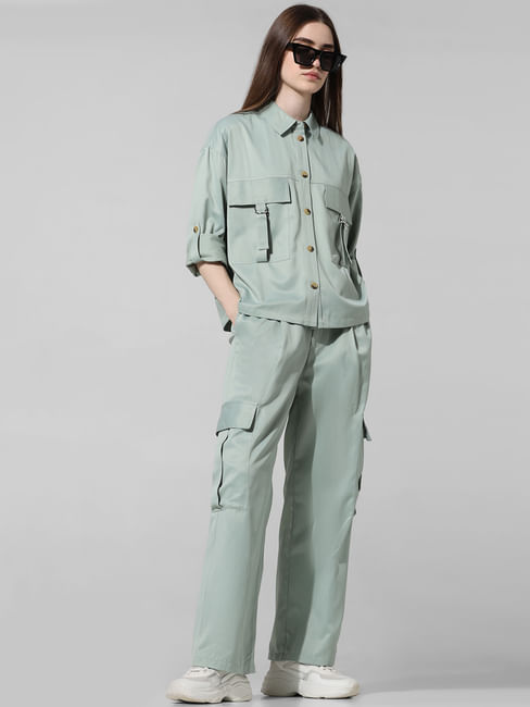 Green High Rise Co-ord Set Cargo Pants