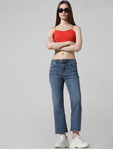 Blue Mid Rise Cropped Flared Jeans