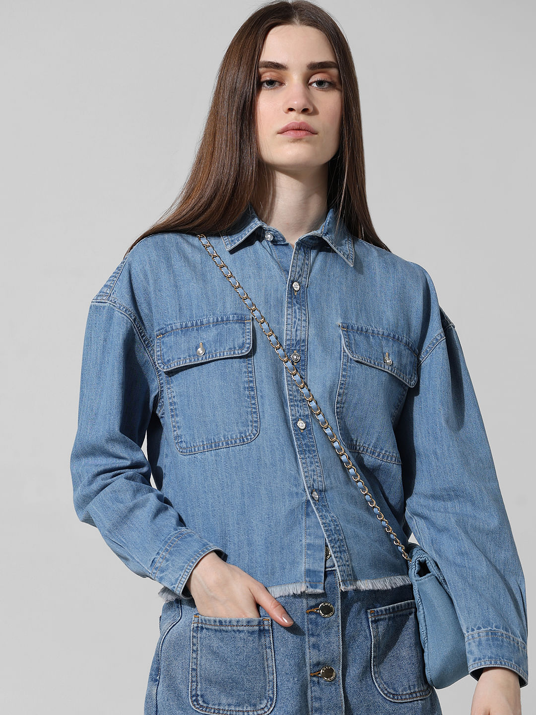 Long Sleeve Denim Shirt Women Button Down Chambray Shirt Casual Snap Jean  Shirts Blouse Top A-Blue at Amazon Women's Clothing store