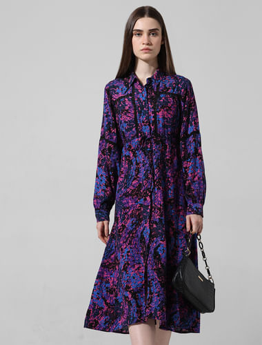 Purple Abstract Print Shirt Dress