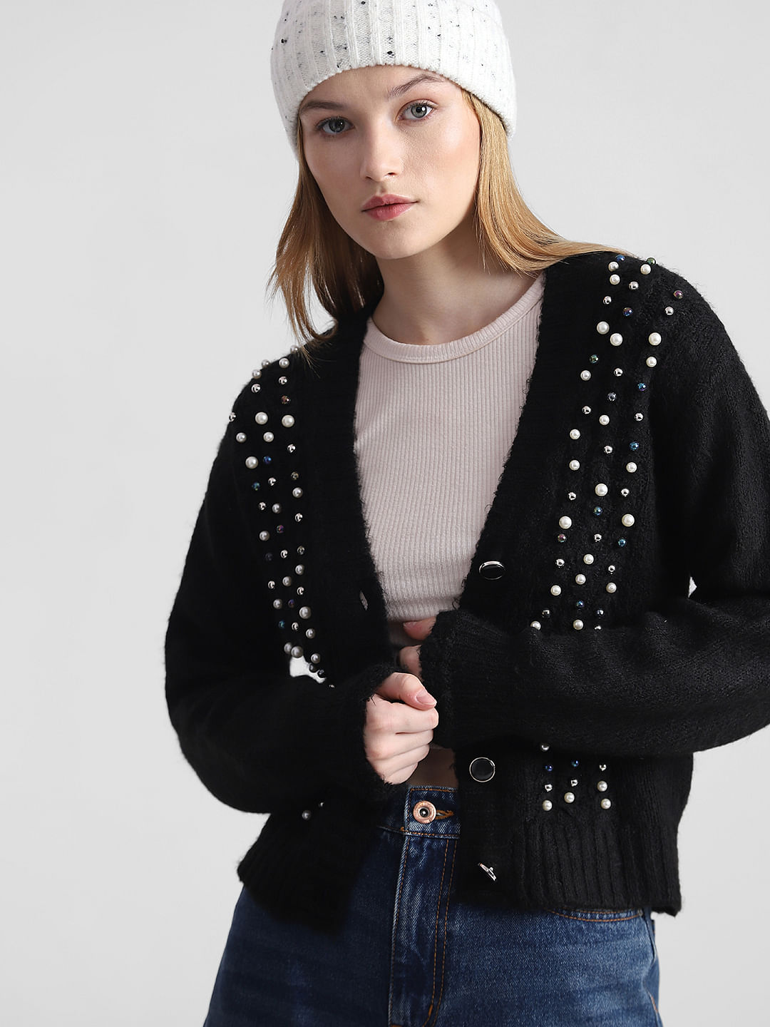 Black Pearl Detail Knitted Cardigan|113265201-Black