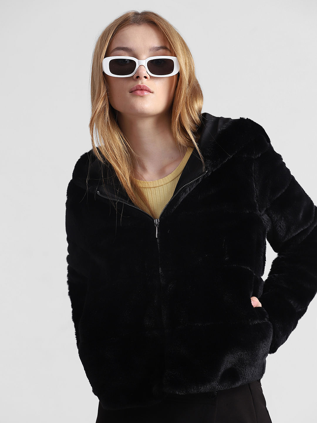 Black Faux Fur Hooded Jacket|237175701-Black