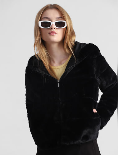 Black Faux Fur Hooded Jacket
