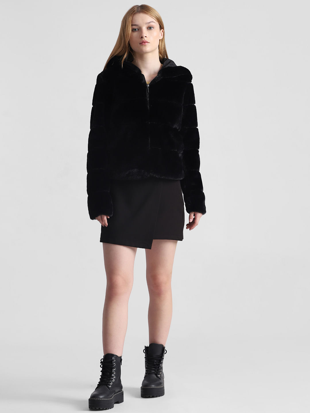 Black Faux Fur Hooded Jacket|237175701-Black