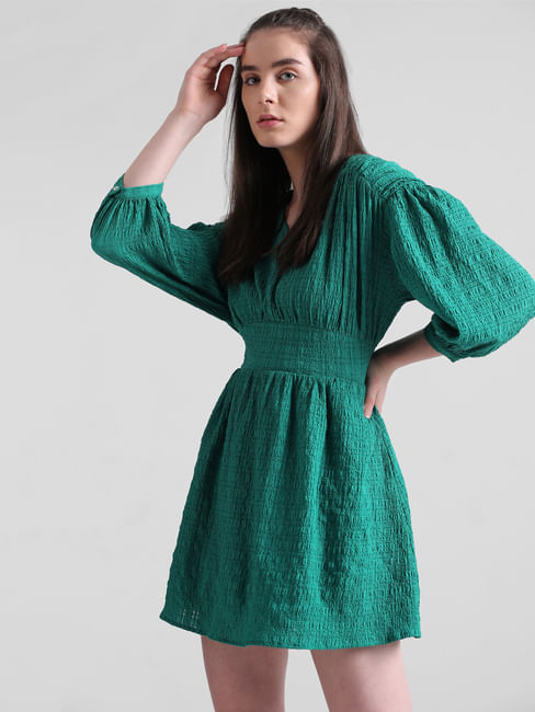 Green Crinkled V-Neck Mini Dress