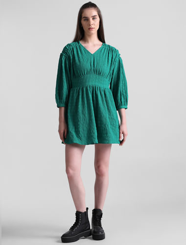 Green Crinkled V-Neck Mini Dress