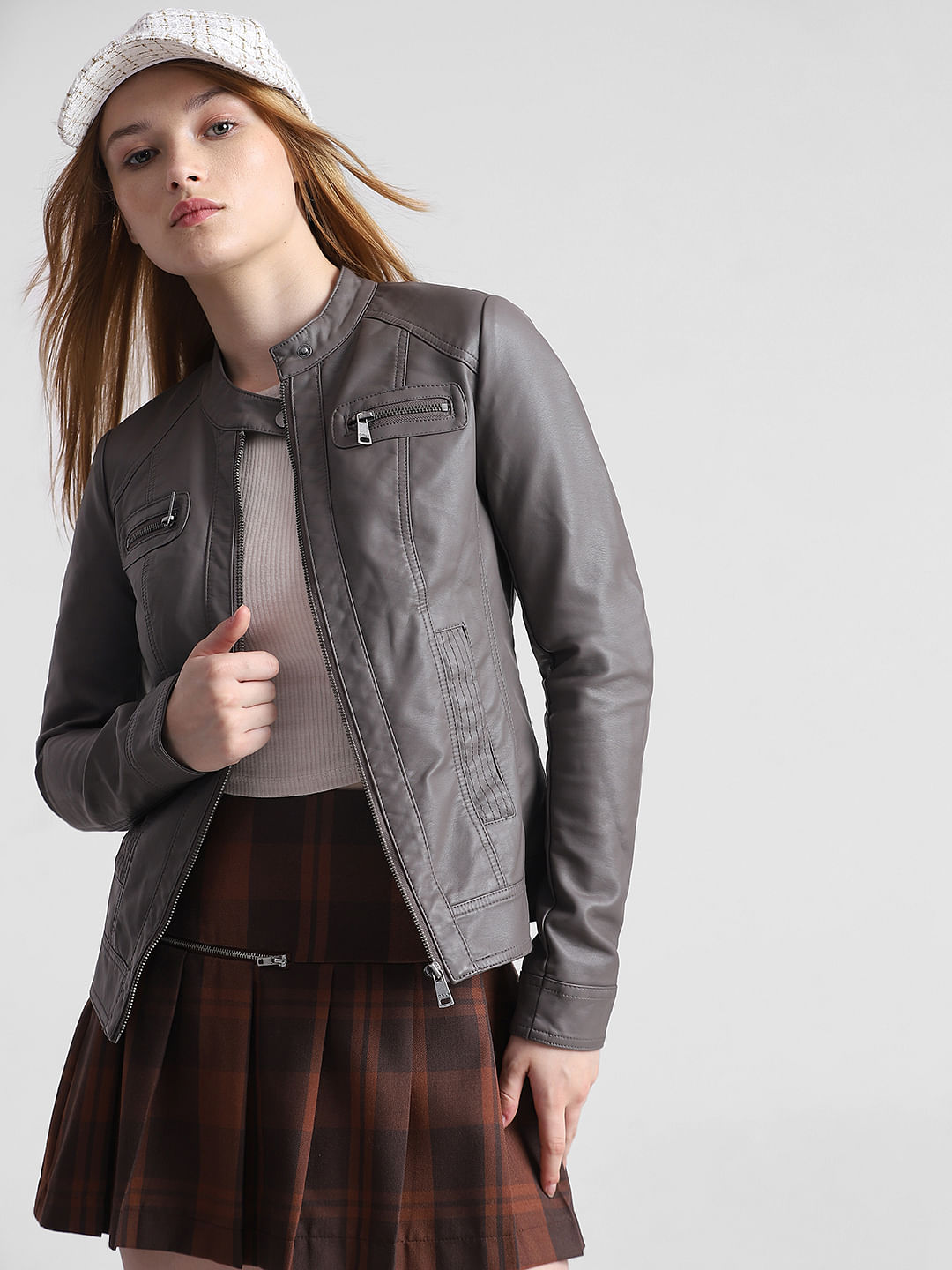 Grey faux leather biker jacket hotsell