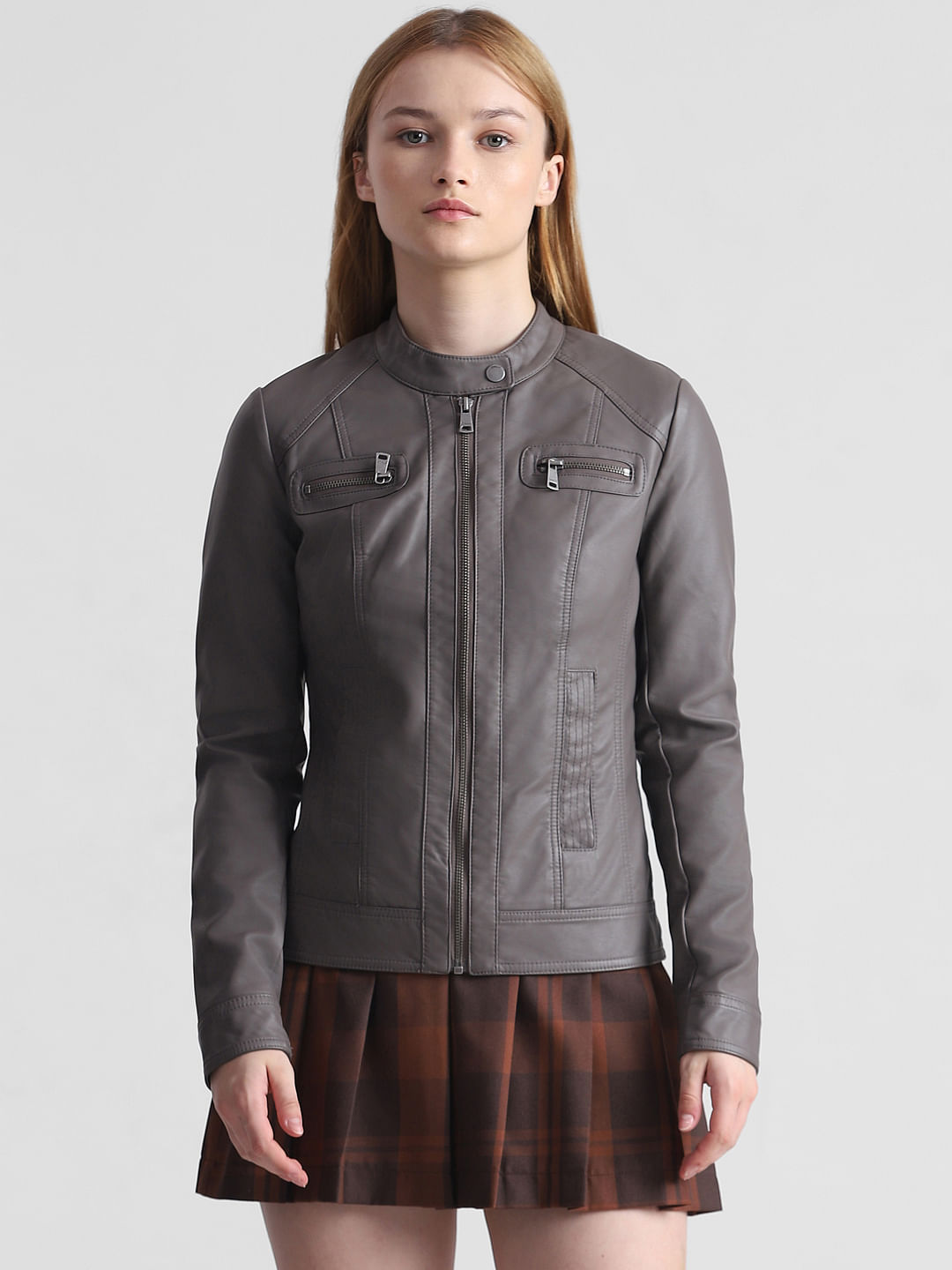 Grey leather 2024 biker jacket