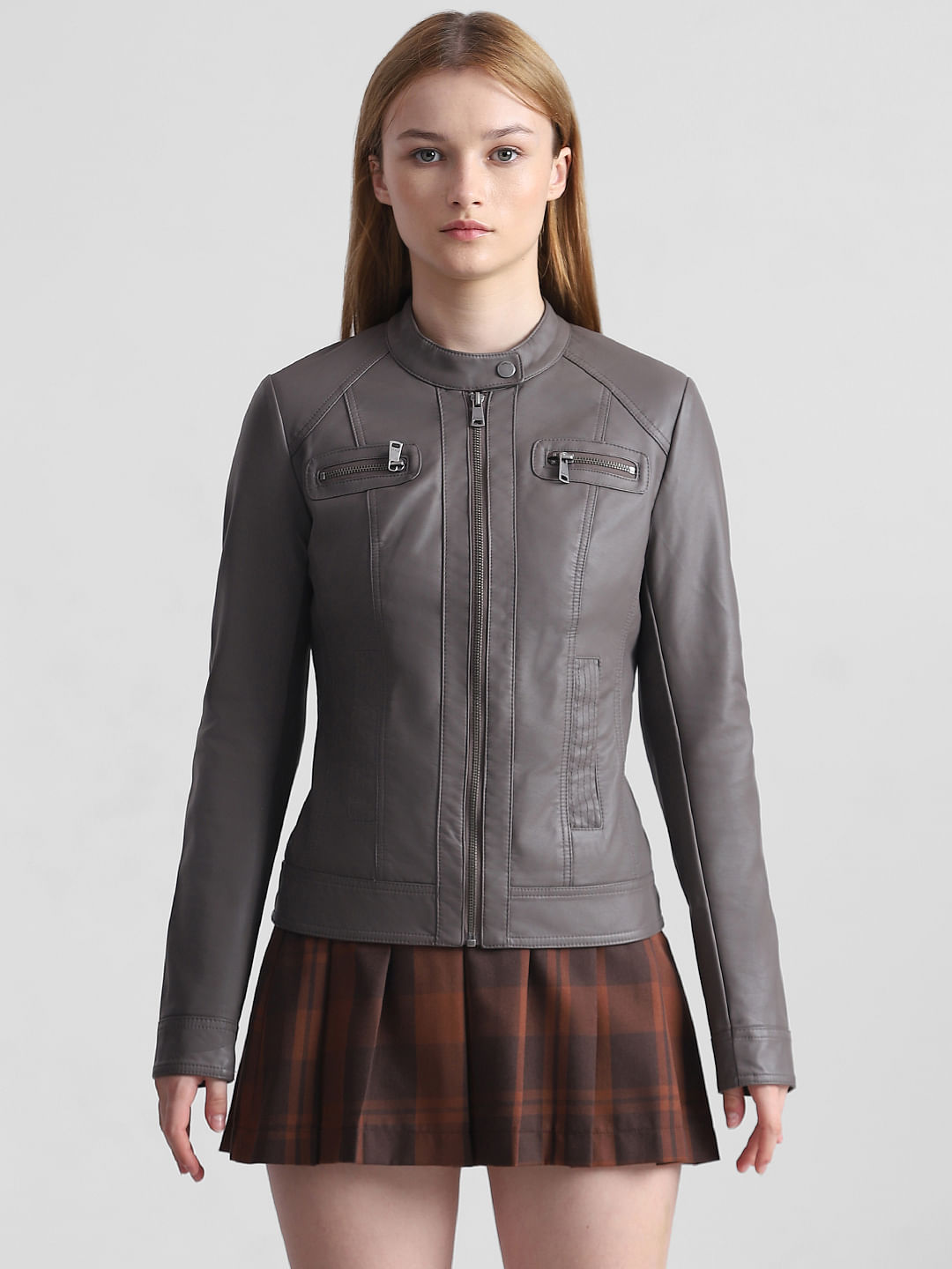 Grey faux leather jacket cheap womens