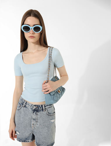 Blue Ribbed Cropped T-shirt