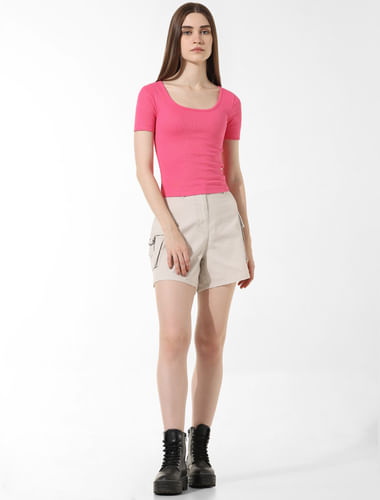 Pink Ribbed Cropped T-shirt