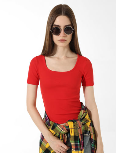 Red Ribbed Cropped T-shirt