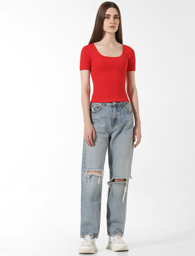 Red Ribbed Cropped T-shirt