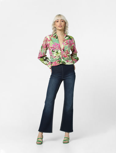 Green Floral Cropped Shirt