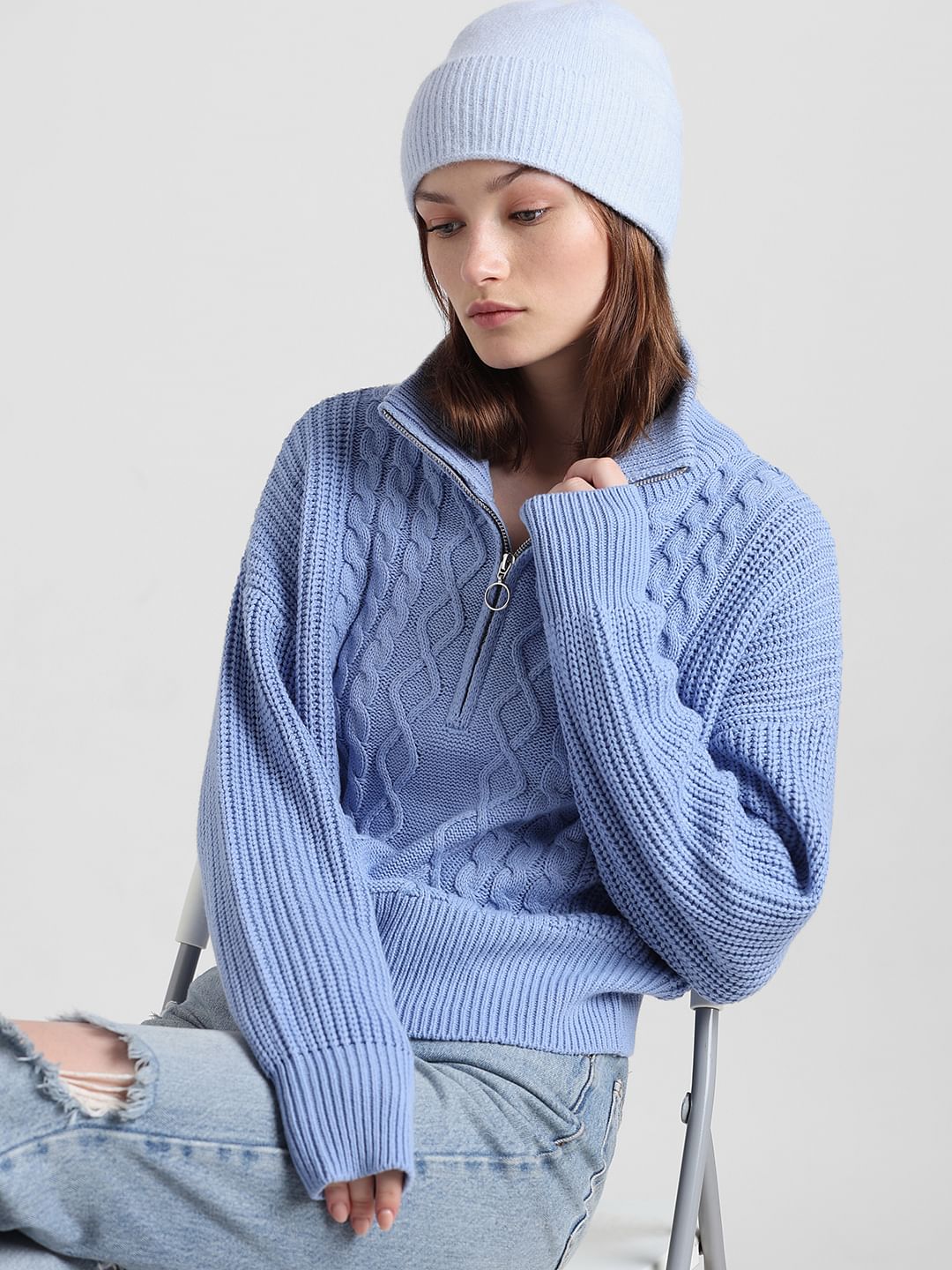 Blue Cable Knit High Neck Pullover|213702901-Grapemist