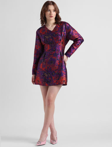 Purple Jacquard Textured Mini Dress