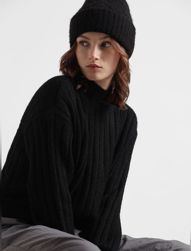 Black Cable Knit High-Neck Pullover