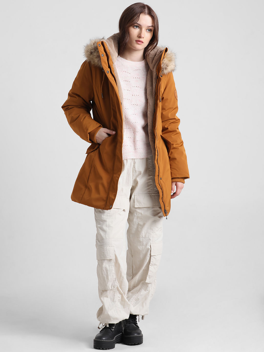 Brown Faux Fur Parka Jacket|237174802-Cathay-Spice