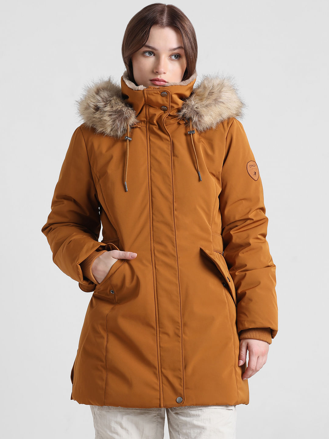 Brown Faux Fur Parka Jacket|237174802-Cathay-Spice